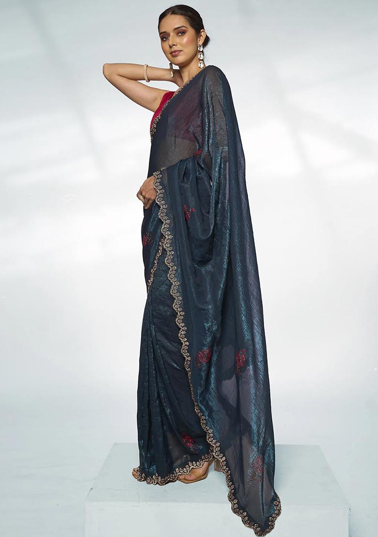 Teal Bead Work Organza Saree Set