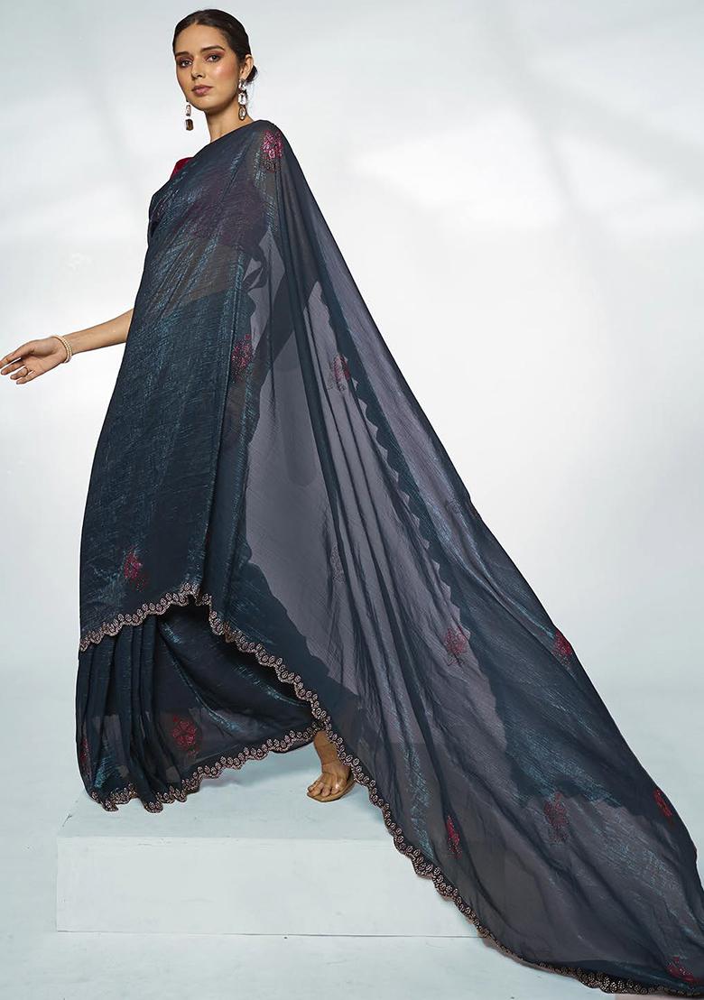 Teal Bead Work Organza Saree Set