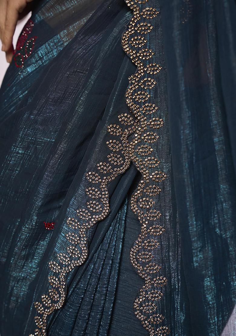 Teal Bead Work Organza Saree Set