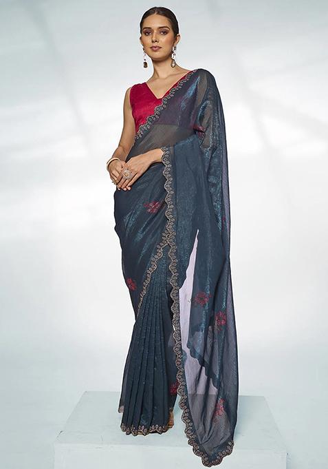 Teal Bead Work Organza Saree Set