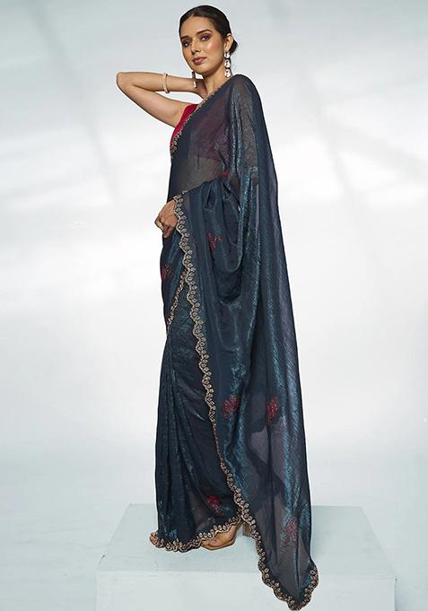 Teal Bead Work Organza Saree Set