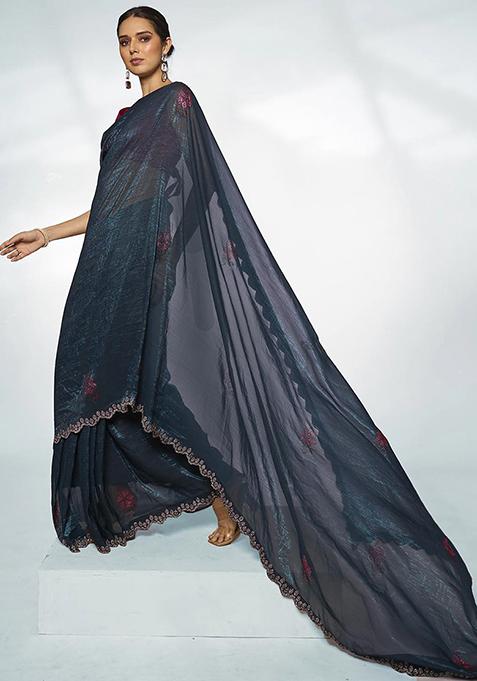 Teal Bead Work Organza Saree Set