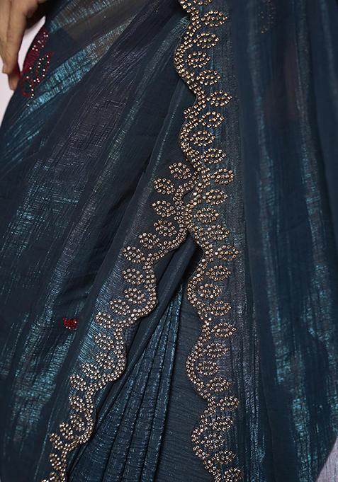 Teal Bead Work Organza Saree Set