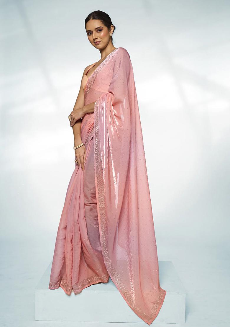 Peach Bead Work Organza Saree Set