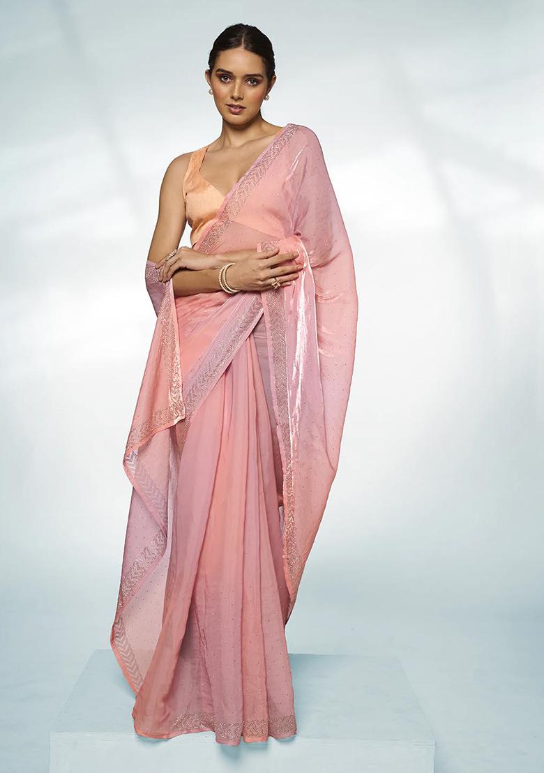 Peach Bead Work Organza Saree Set