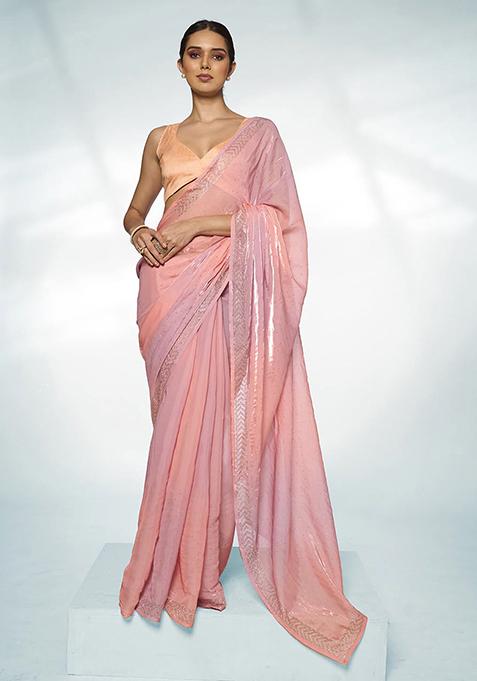 Peach Bead Work Organza Saree Set