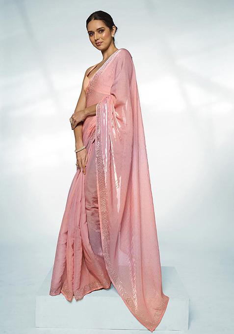 Peach Bead Work Organza Saree Set