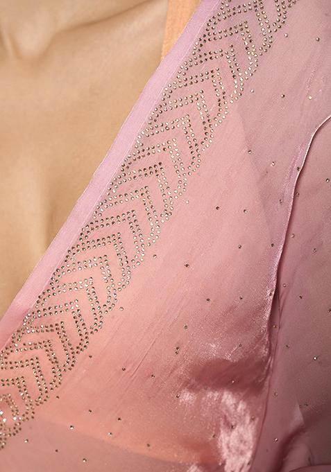 Peach Bead Work Organza Saree Set