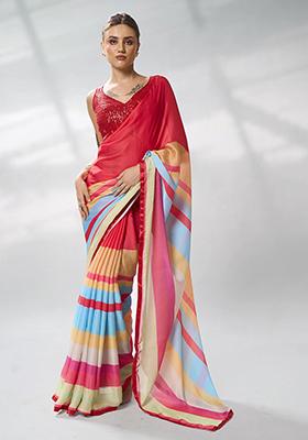 Red Printed Satin Saree Set
