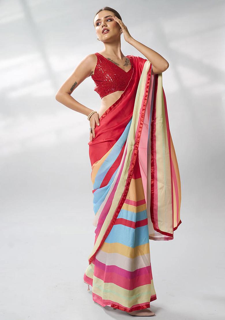 Red Printed Satin Saree Set