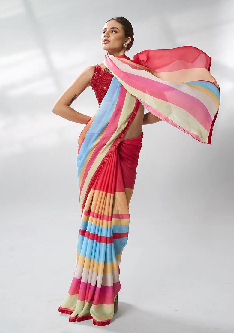 Red Printed Satin Saree Set