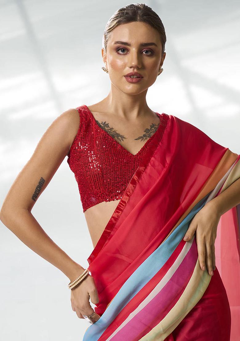 Red Printed Satin Saree Set