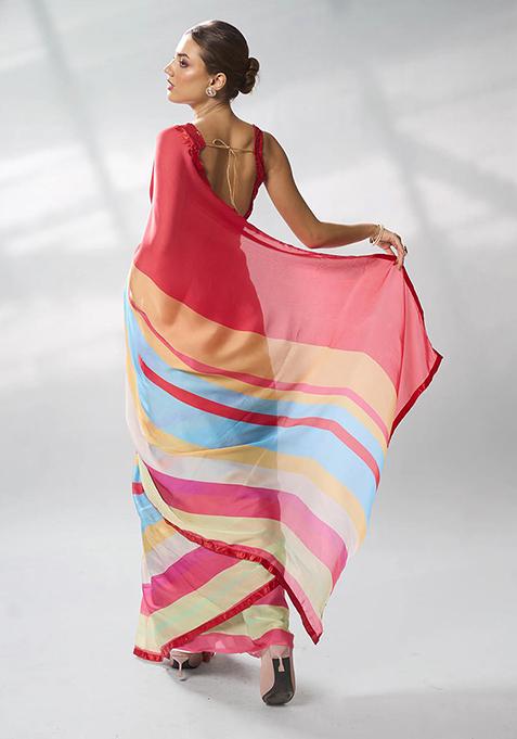 Red Printed Satin Saree Set