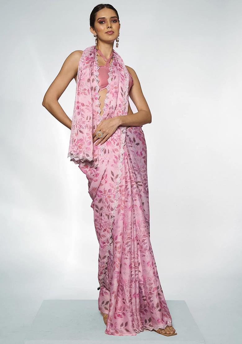 Pink Bead Stone Work Satin Saree Set