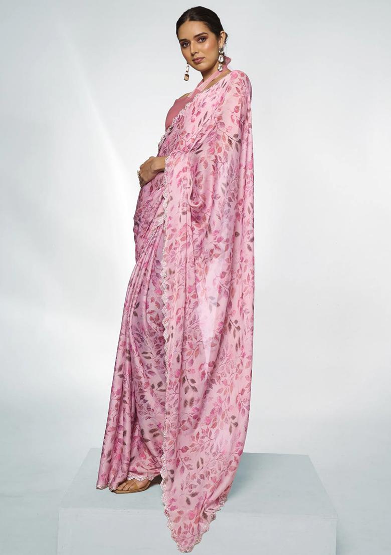 Pink Bead Stone Work Satin Saree Set