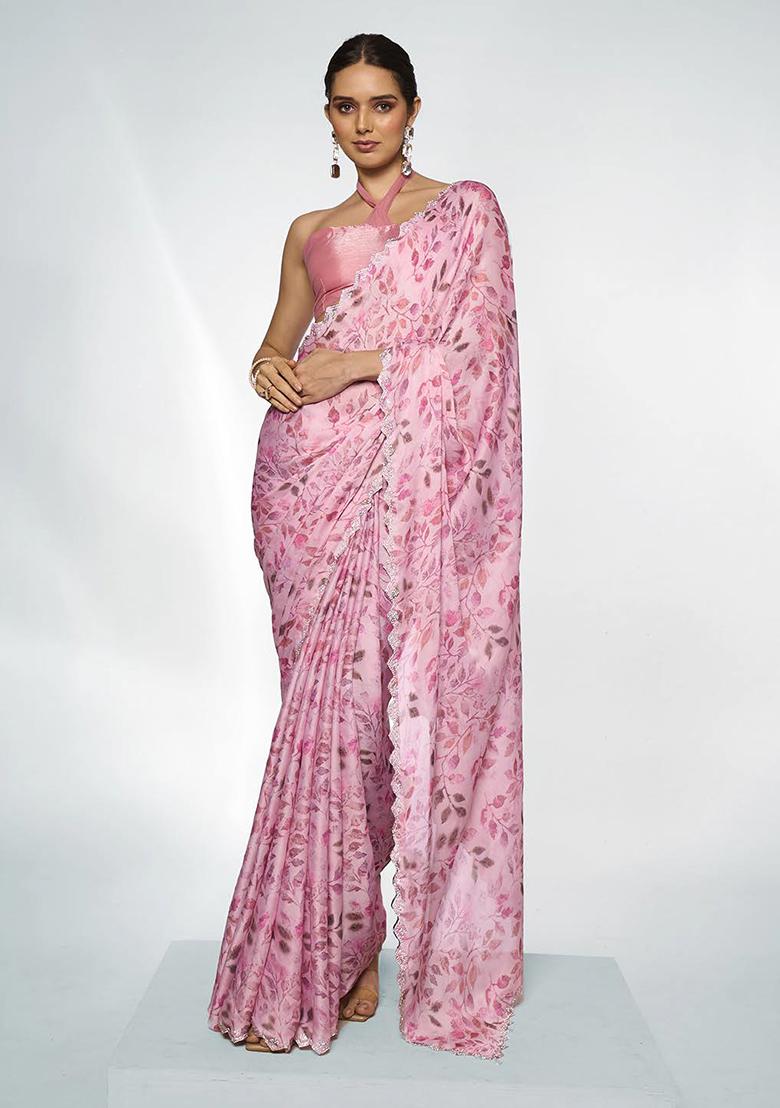 Pink Bead Stone Work Satin Saree Set