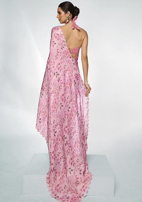 Pink Bead Stone Work Satin Saree Set