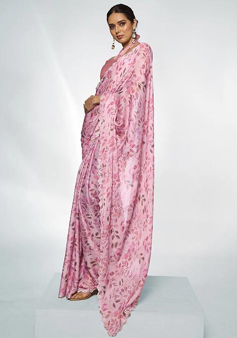 Pink Bead Stone Work Satin Saree Set