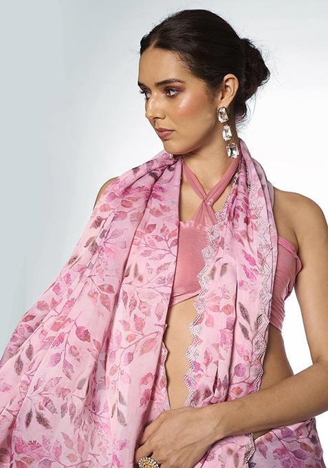 Pink Bead Stone Work Satin Saree Set