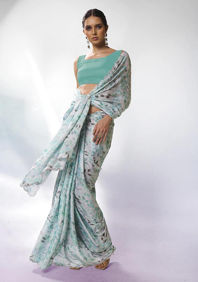 Sea Green Bead Stone Work Satin Saree Set