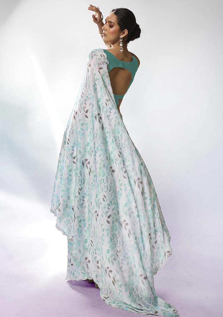 Sea Green Bead Stone Work Satin Saree Set