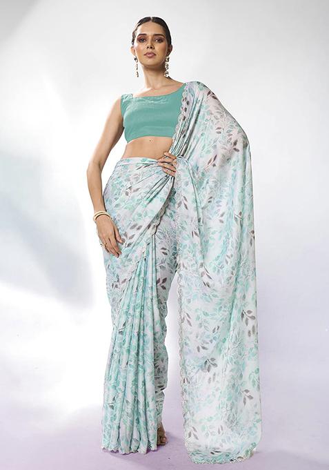 Sea Green Bead Stone Work Satin Saree Set