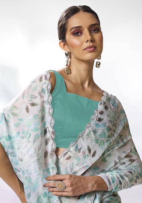 Sea Green Bead Stone Work Satin Saree Set