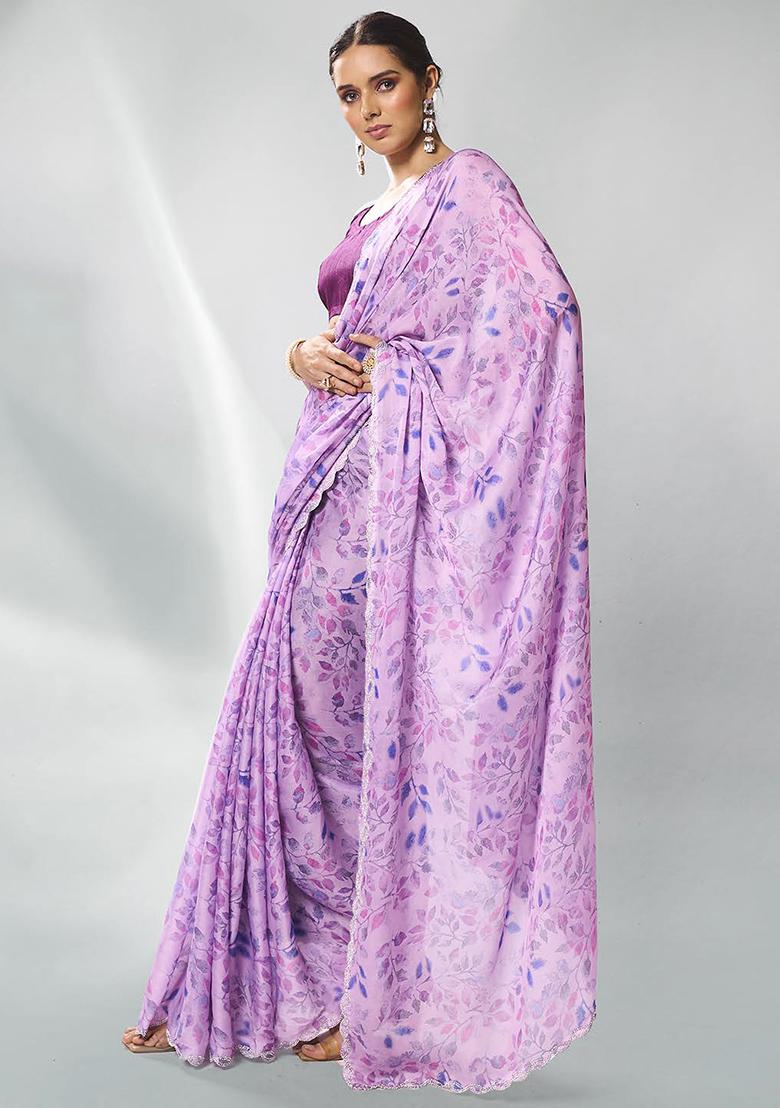 Lavender Bead Stone Work Satin Saree Set