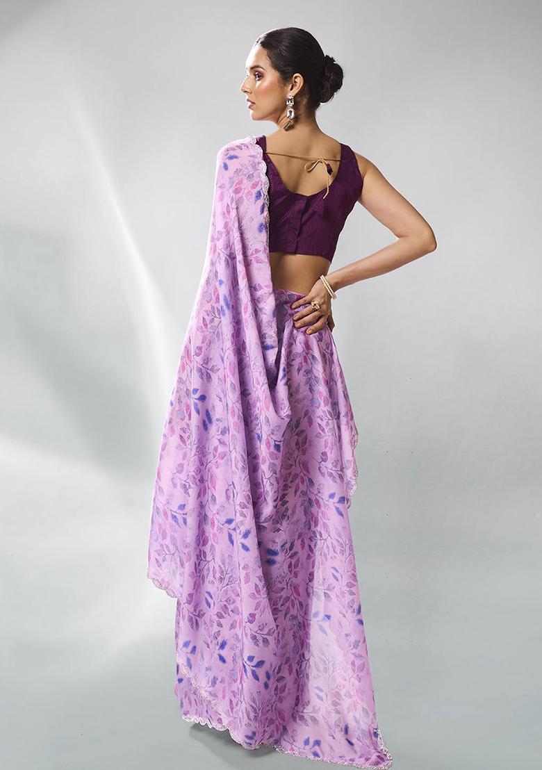 Lavender Bead Stone Work Satin Saree Set