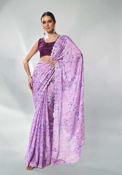 Lavender Bead Stone Work Satin Saree Set