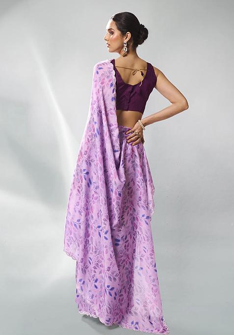 Lavender Bead Stone Work Satin Saree Set