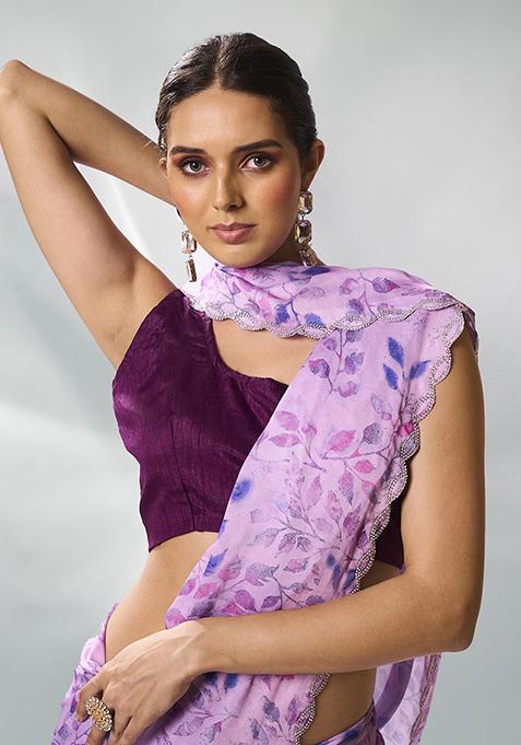 Lavender Bead Stone Work Satin Saree Set