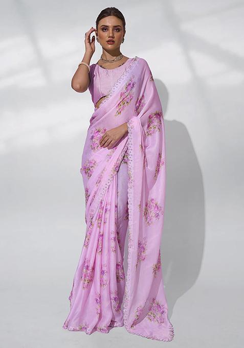 Pink Bead Work Satin Saree Set