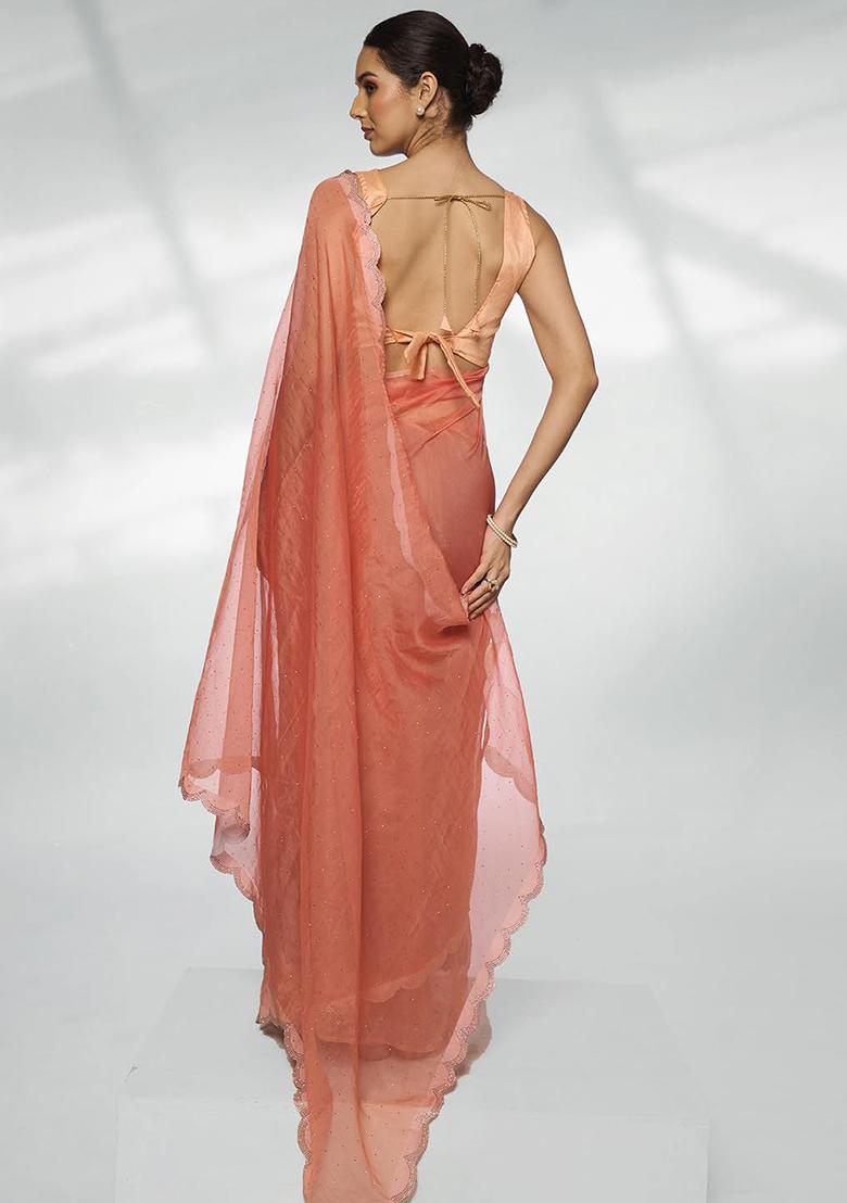 Peach Bead Stone Work Organza Saree Set