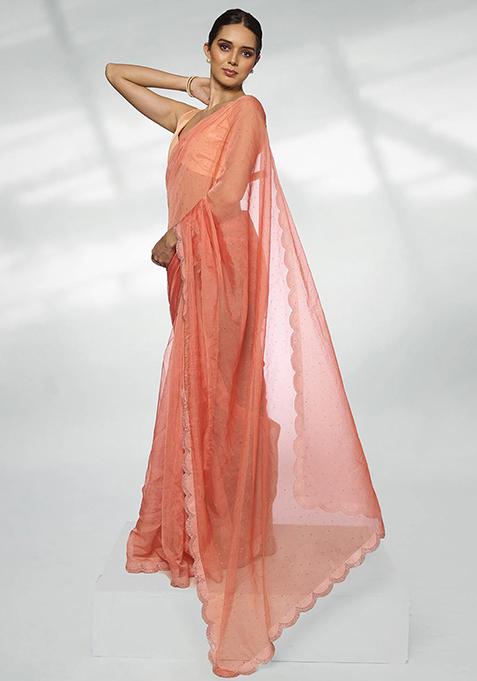 Peach Bead Stone Work Organza Saree Set