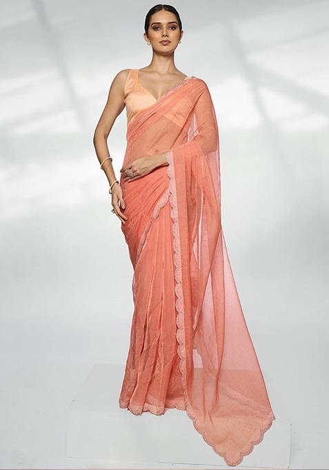 Peach Bead Stone Work Organza Saree Set