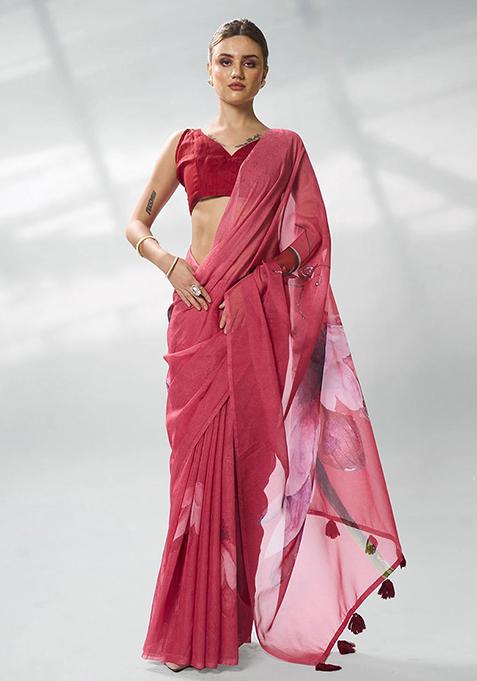 Rust Printed Organza Saree Set