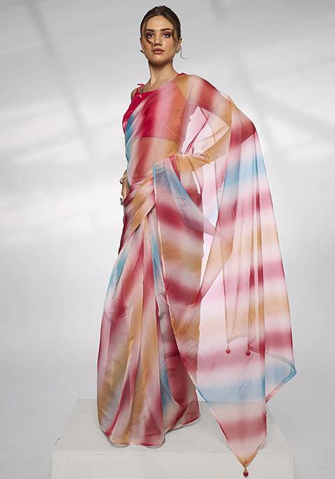 Multicolour Printed Organza Saree Set