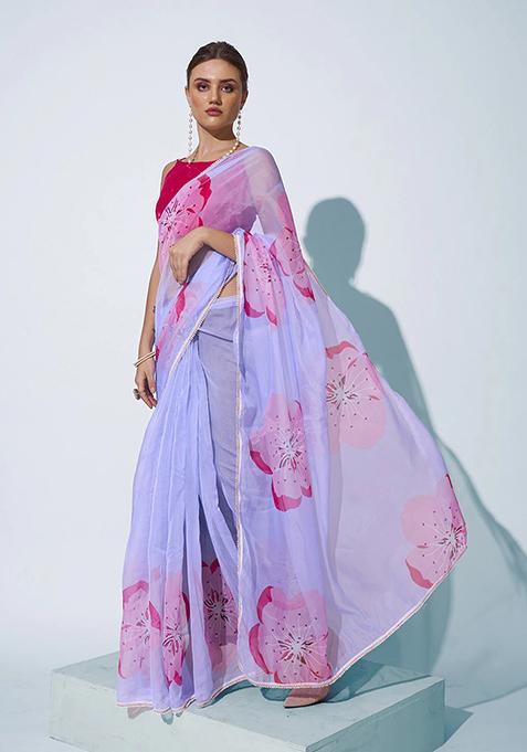 Blue Printed Organza Saree Set