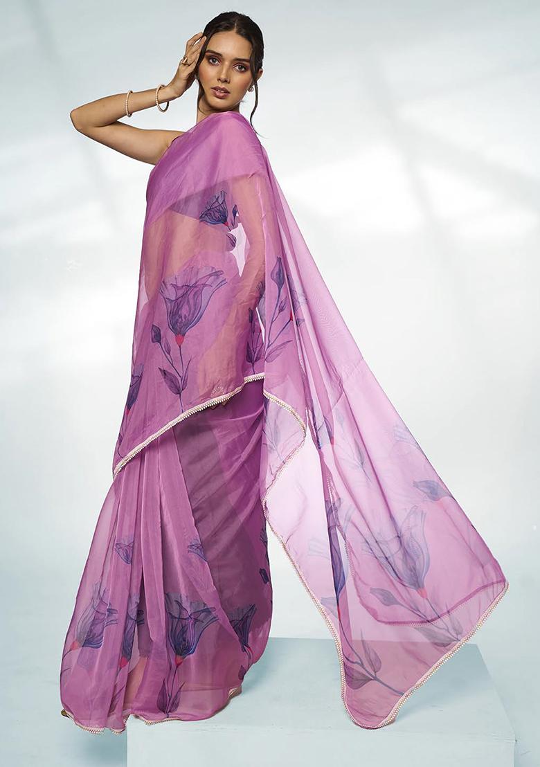 Lavender Printed Organza Saree Set