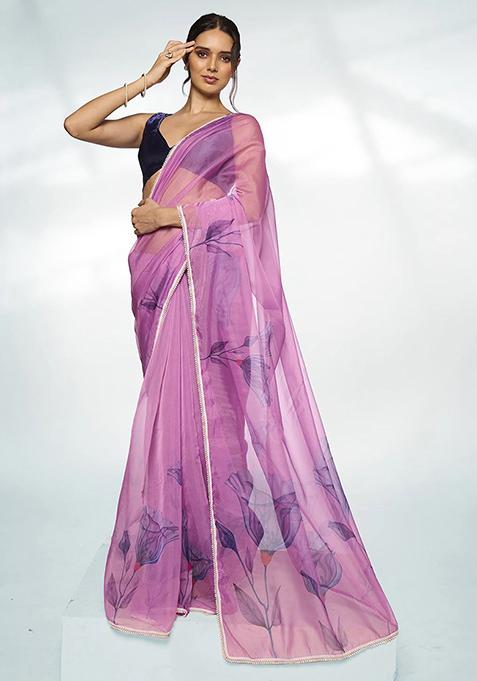 Lavender Printed Organza Saree Set