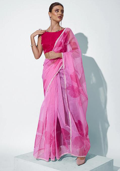 Pink Printed Organza Saree Set