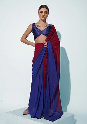 Navy Blue And Rust Block Print Satin Saree Set