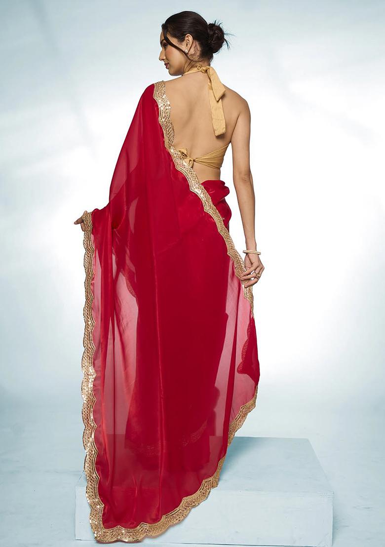Red Sequin Work Organza Saree Set
