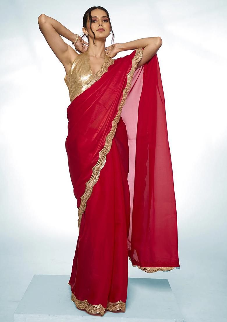 Red Sequin Work Organza Saree Set