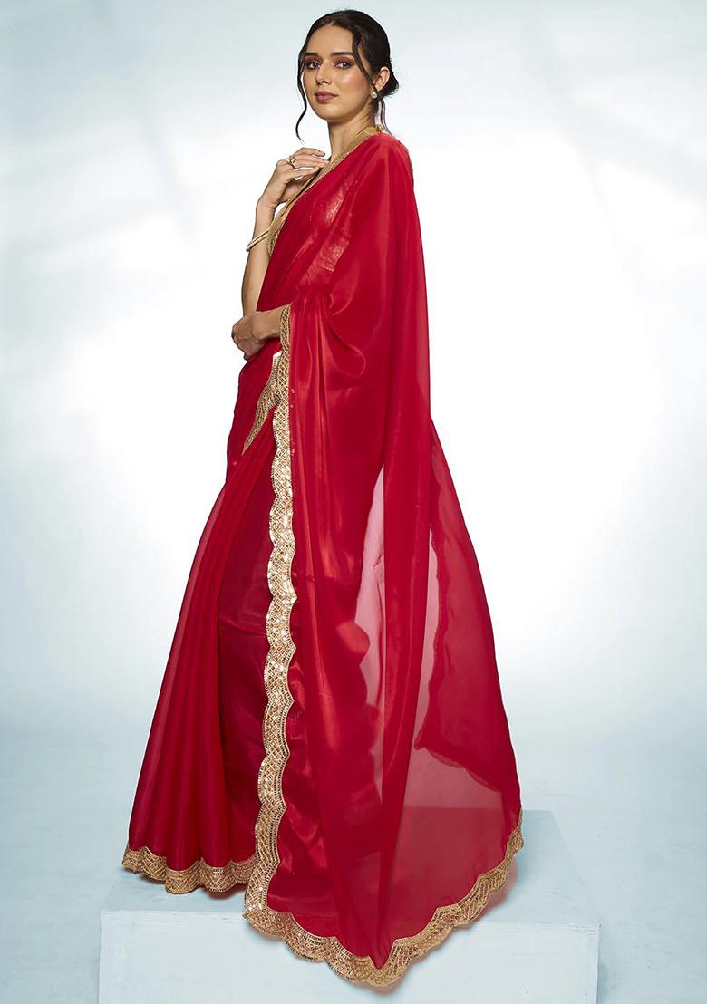 Red Sequin Work Organza Saree Set