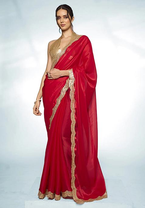 Red Sequin Work Organza Saree Set