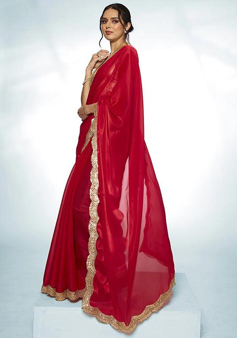 Red Sequin Work Organza Saree Set