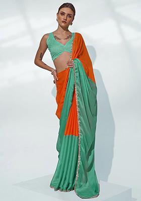 Green And Orange Mirror Work Pure Chiffon Saree Set