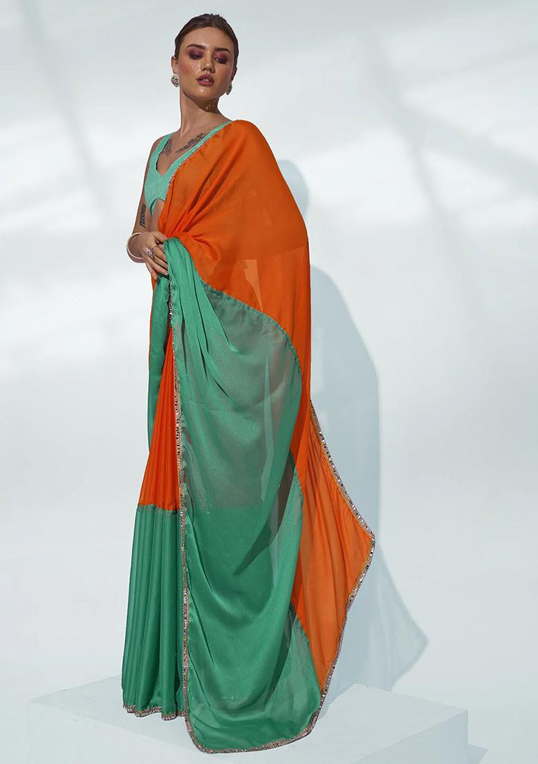 Green And Orange Mirror Work Pure Chiffon Saree Set